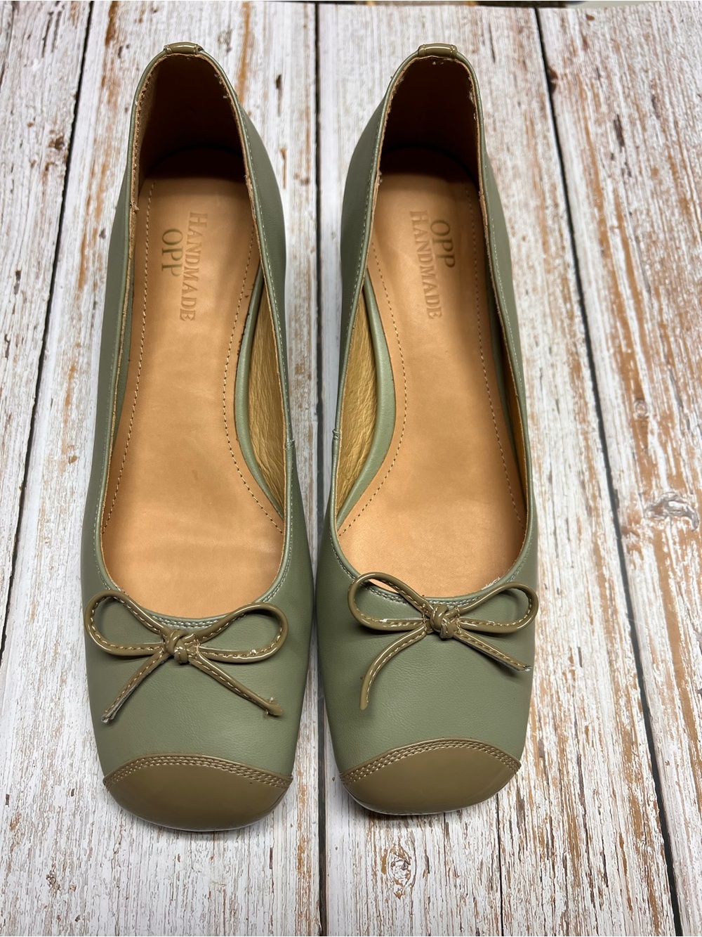 OPP Handmade Olive Green Ballet Flats with Bow